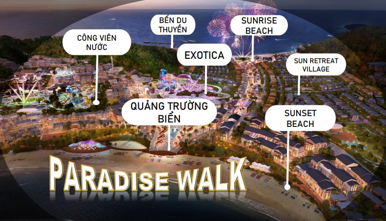 Trục đại lộ Paradise Walk 8000 m2 rộng nhất đảo Hòn Thơm là nơi diễn ra các hoạt động lễ hội, vui chơi giải trí